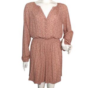FAHERTY Dress, L, Mauve Leaf print, long sleeves, button front, Smocked waist